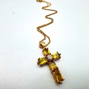 Avon OS Vintage Gold Tone Crystal Cross Pendant Necklace Adjustable Chain 20in